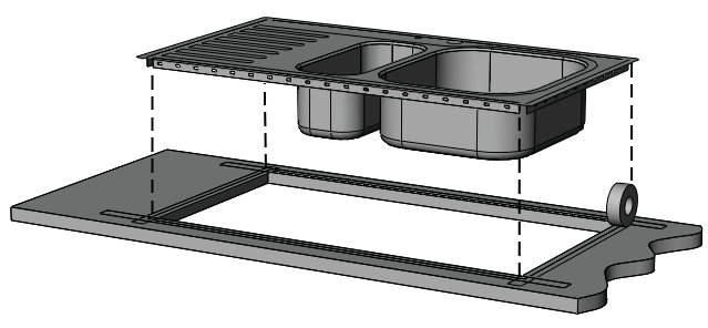 NEDFELLING AV PLATETOPP Platetopp nedfelt i benkeplaten. Fjern sinklisten i framkant på skapet (a), skjær hull i benkeplaten etter mal fra platetoppen.