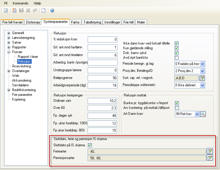 I menyvalg Systemparameter Fravær Refusjon angir du hvilke hvilke fraværsarter som skal oppdatere ferie og permisjonsinformasjon på I&S-skjemaet.