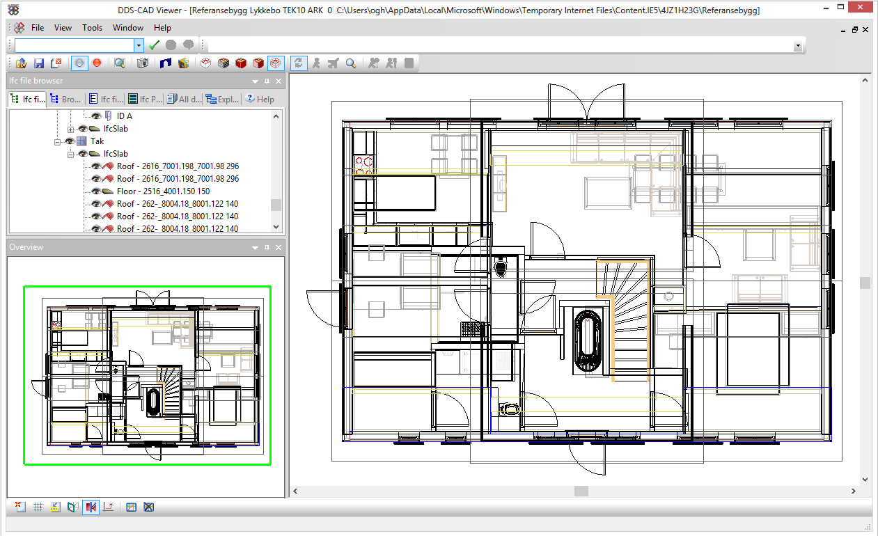 Enebolig Fra et husfirma fikk vi en «IFC» fil Ved hjelp av en egen DDS-CAD Viewer er en IFC fil lest inn Ut av dette