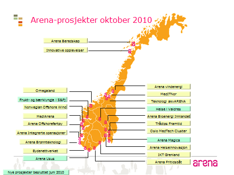 Arena-prosjekt med stor betydning Trøndelag har 5 Arena-prosjekt: Arena Vindenergi Teknologi akvarena Meditnor Smart Water Communities Cluster Arena Smart Grid Services Alle Arenaprosjektene