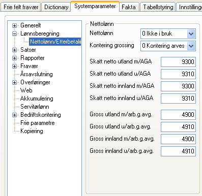 Systemparametere for nettolønn For at nettoavlønning skal fungere, må følgende systemparameter defineres: Grunnen til at Aditro Lønn skiller mellom innland/utland og med/uten arbeidsgiveravgift er