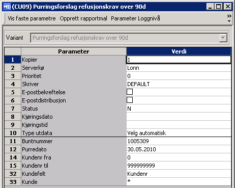 5.10.1 Purreforslag (CU09) Parameter Verdi Buntnummer Buntnummer Purredato Datoen purringen skal gjelde for.