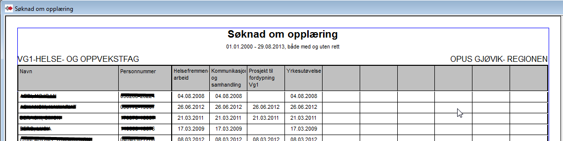 Startet opplæring Periode er Startet opplæring(låst) innen fag. Datoer er for startet opplæring pr. fag. OBS! Dersom ikke dato på fag, brukes startet opplæring for løpet.