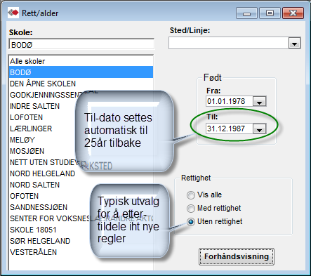 Kontroll av rettsvurdering Direkte start. Manglende og "mistenkelige" rettstildelinger. Inndelt i seksjoner navngitt med beskrivelse av årsak.