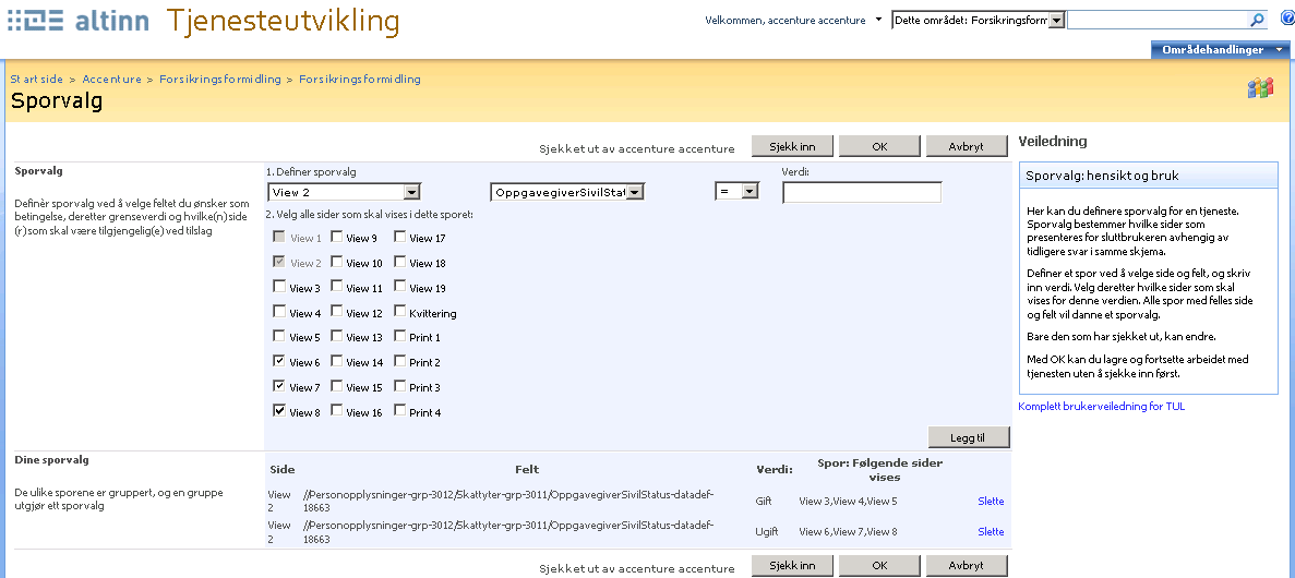 8.1.4 Sporvalg Sporvalg er en funksjonalitet bestemmer hvilke sider som presenteres for sluttbrukeren avhengig av hva bruker fyller ut i skjema. Dette muliggjør å tilpasse skjemaet til flere formål.