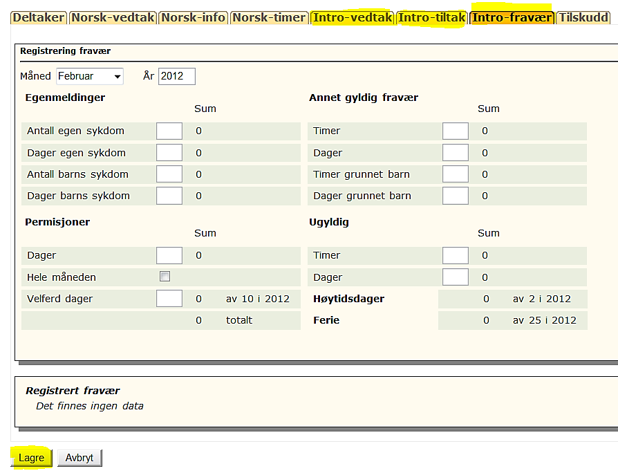Registrer fravær (dagsfravær utover 10 dager i året forlenger 2-årsfristen) på fanen Intro-fravær: Det er nå i NIR koblinger mellom