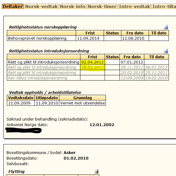 Eksempel vedr. registrereing utvidelse - 3.året 2 års fristen for intro satt til 28.03.2012 utfra første registrerte tiltak/startdato på første vedtak.