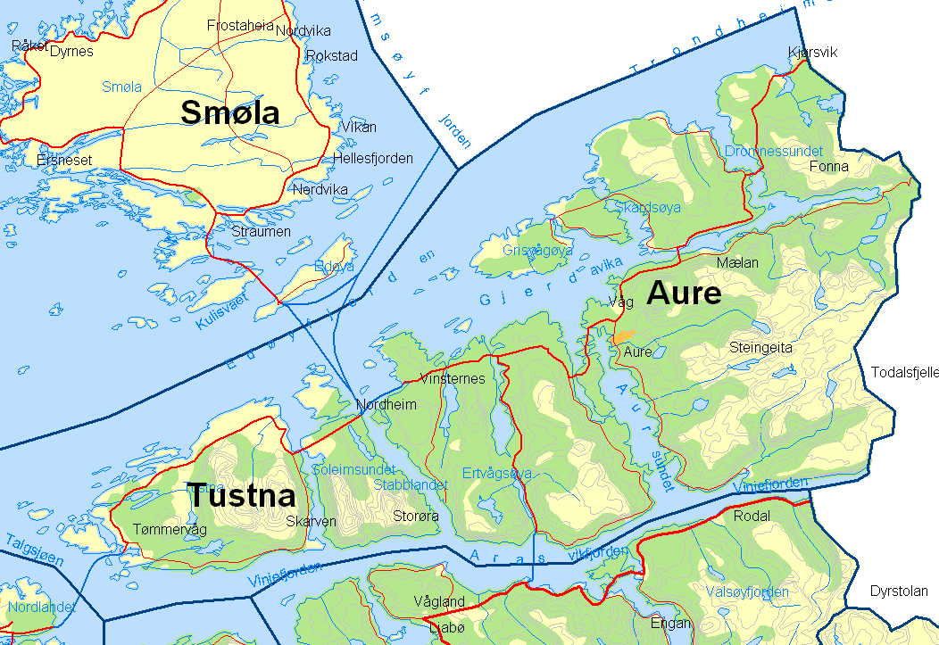 Figur 2-1 Kart over Aure kommune [5]. 2.3 Rollefordeling i utarbeidelse av lokal energiutredning Forskrift om lokal energiutredning omhandler kun områdekonsesjonær, og regulerer derfor ikke kommunene eller andre aktører.