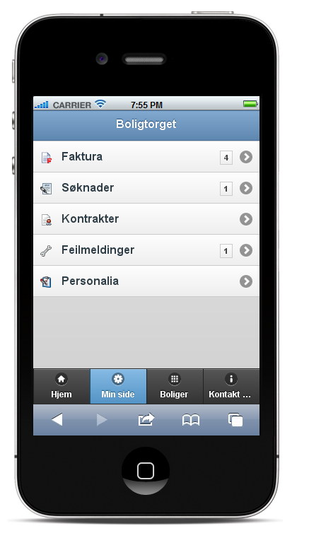 Boligtorget på mobil Ikke en app, men en tilpasset nettløsning Støtter alle enheter / plattformer Innhold : Presentasjon av boliger Min side Se kontrakt