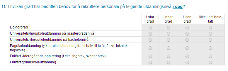 Bedrifter som svarte ja på spørsmål 9 fikk spørsmål 10, resten hoppet videre til spørsmål 11