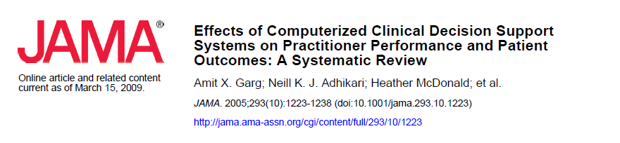 100 studier (av 3 997 artikler) Beslutningsstøtte hadde effekt på Leger (64%) Pasienter (13%) Suksessfaktorer: Automatisk oppfordring til å