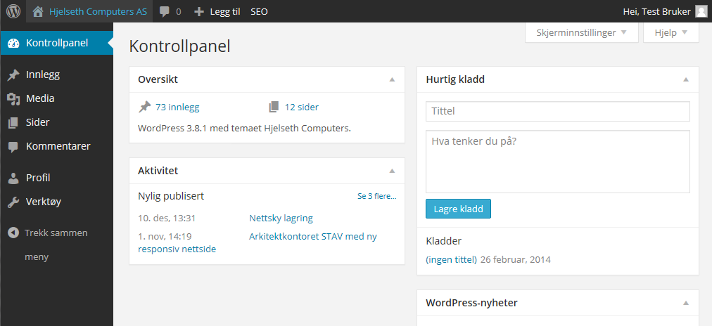 Kontrollpanel Når du er logget inn viser skjermen din likt illustrasjonen under. Menyvalgene kan variere noe fra side til side, men vil alltid inneholde valgene som blir presentert under.