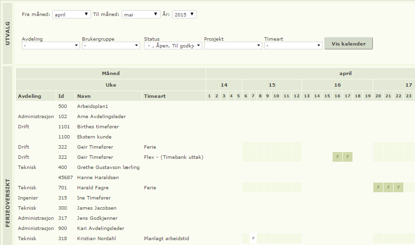 Ferieoversikt viser både ferie og planlagt arbeidstid Flere utvalgsmuligheter er tilgjengelig i ferieoversikten.