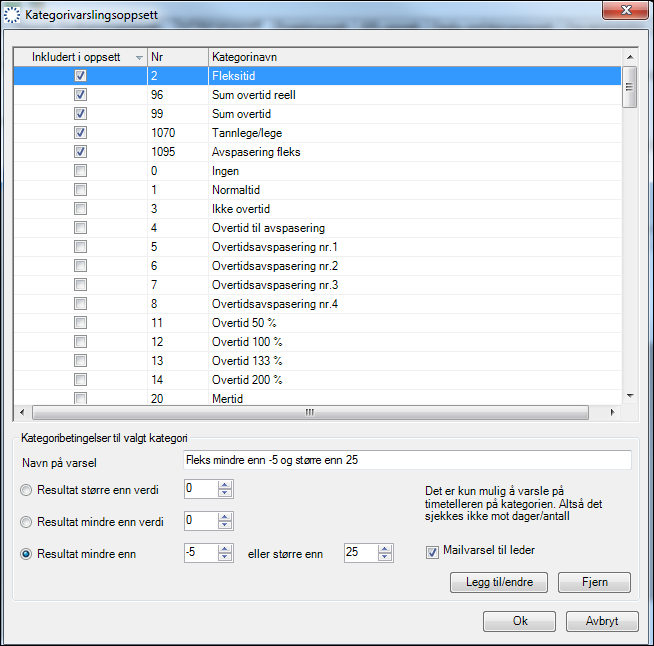 Markèr kategorien du ønsker mailvarsling på. I dette eksempelet, er det ønskelig at når Fleksitidskategorien er mindre enn -5 og større enn 25, skal det gå et mailvarsel til leder.