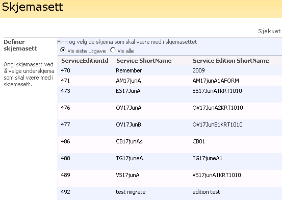 Definèr utgave skjemasett Skjemasett kan kun defineres for innsendingstjenester Angir hvilke *skjema* fra andre utgaver som skal inngå som