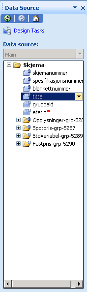 Utvikle utgave - InfoPath, oppgavepanel Data source viser skjemaet