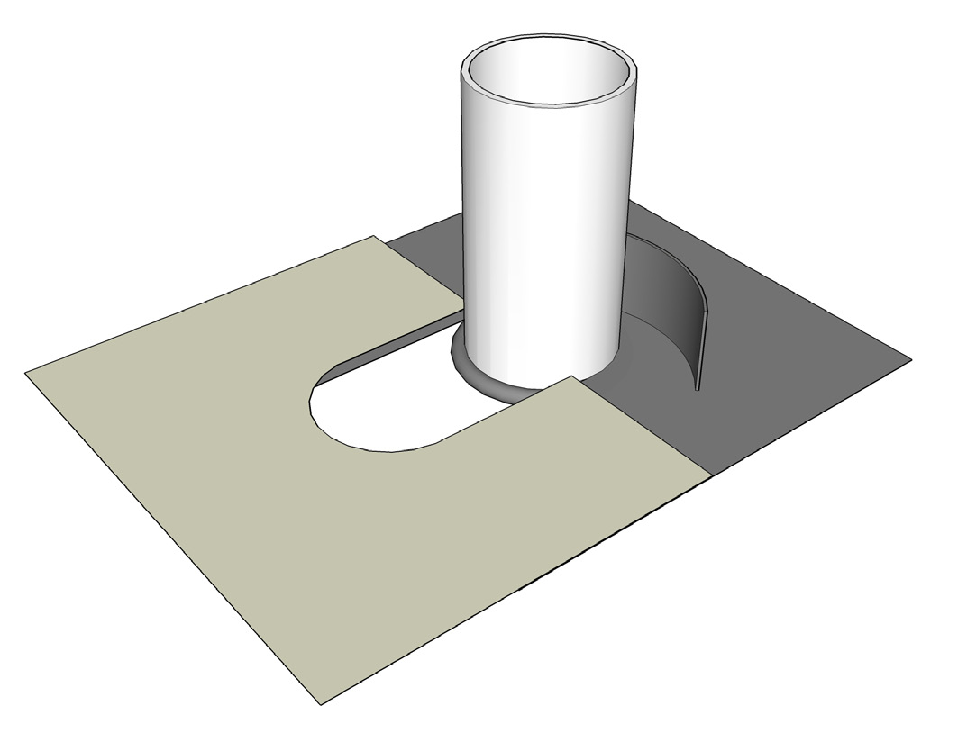 Ved tetting rundt firkantede gjennomføringer klippes ut stykker av membranen, eller det brukes prefabrikkerte hjørner som vist på tegningen. Butyl lim.