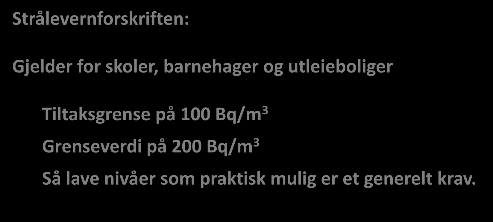 Strålevernforskriften Strålevernforskriften: Gjelder for skoler, barnehager og utleieboliger Tiltaksgrense