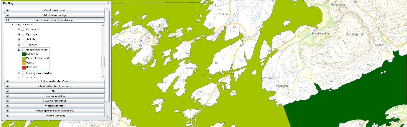 Kort avstand til vei for utrykningskjøretøy. : Bølger Moderat eksponert for bølger. Kart fra Vann-nett.