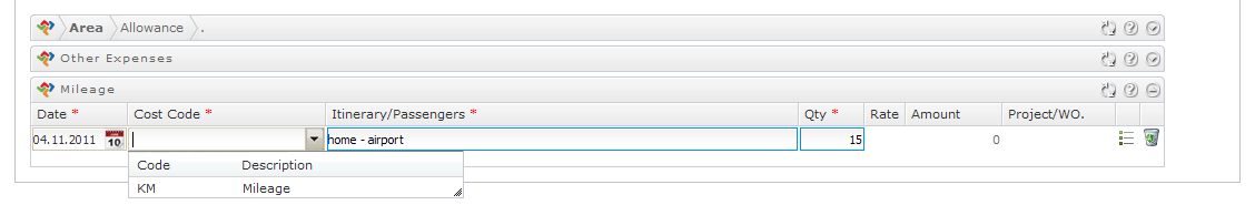 Mileage Km Godtgjørelse Define Date of occurrance (calendar will display when clikcing in the dates field) Define Cost Code from Drop down list Define travel route.