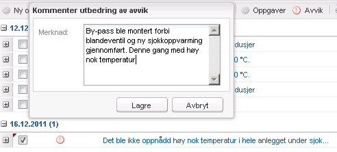 Ved korrigering av avviket huker man av på boksen til venstre på det aktuelle avviket (rød pil nedenfor).