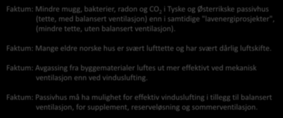 Myte: passivhus er for tette og gir dårlig inneklima Faktum: Mindre mugg, bakterier, radon og CO 2 i Tyske og Østerrikske passivhus (tette, med balansert ventilasjon) enn i samtidige