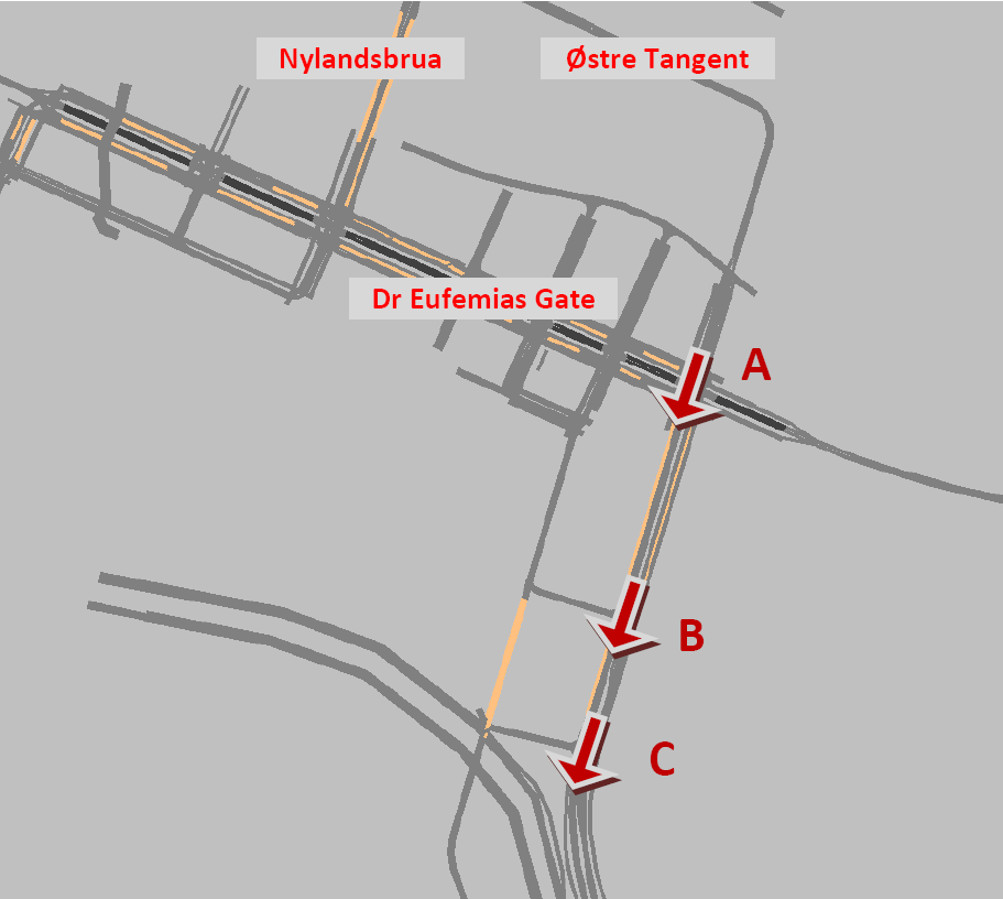 130-(140) SLUTTRAPPORT 14.2 Planlagt Haakon V s gate Haakon V's gate (planlagt i Bjørvika) sørover er planlagt med tre felt, et kollektivfelt og to kjørefelt for øvrig trafikk.
