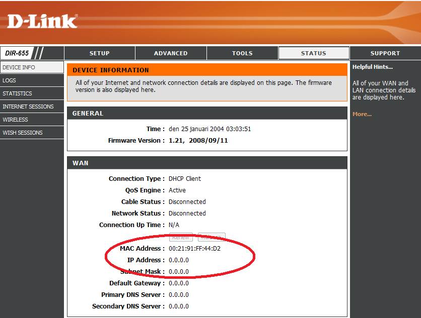 Steg 5. Status Check. Nå skal du sjekke om du har fått en ip adresse fra din internet leverandør.