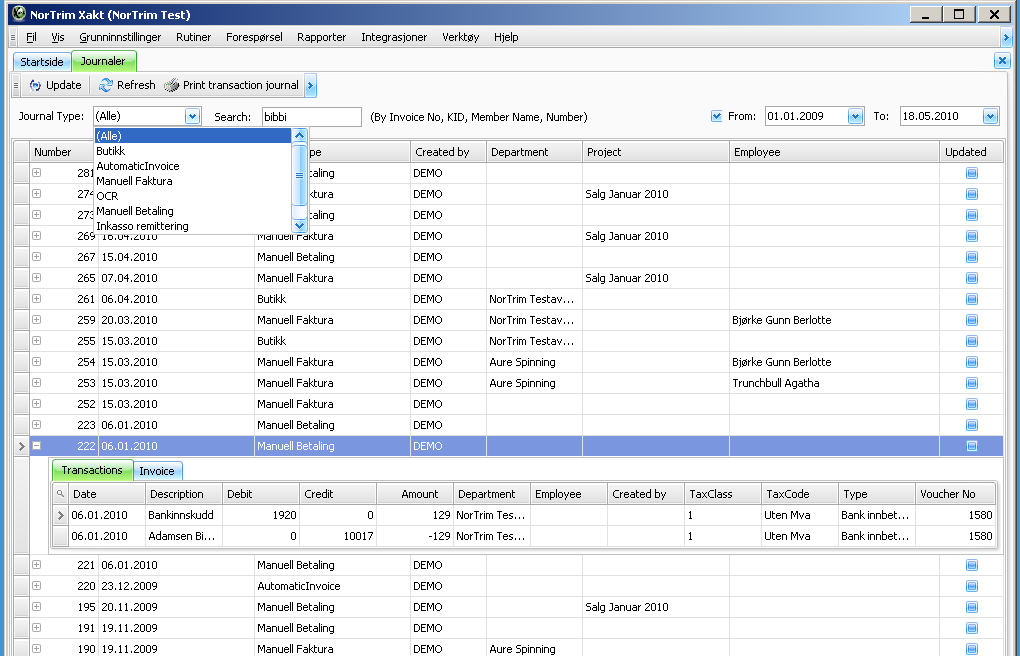 Journaler Fra Menylinjens Forespørsel klikker du Journaler og får opp et bilde som vist nedenfor: Dette er et meget kraftig verktøy for å vise og skrive ut journaler i Xakt.