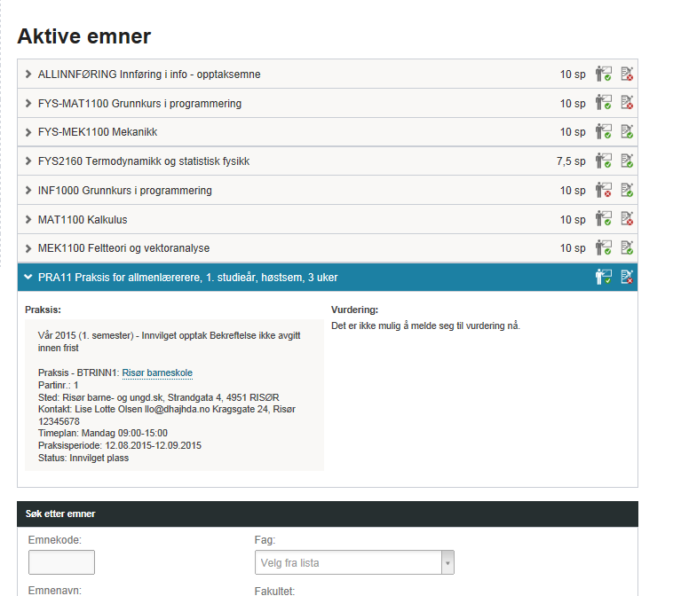 Undervisningsmelding til praksisemne For emner