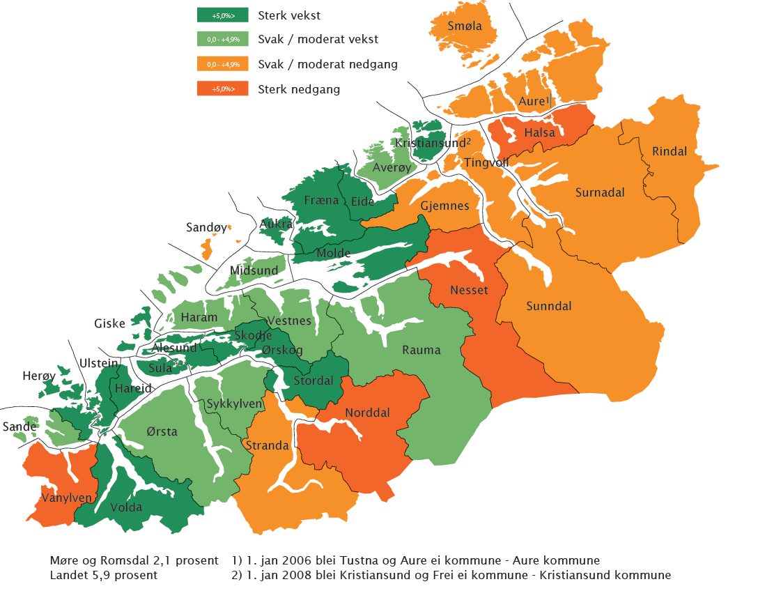 Folketal Tettstad Molde 25 936 20 132 Ålesund 45 033 *40 955 Kristiansund 24 131 17 456 Vanylven 3 336 393 Sande 2 628 568 Herøy 8 847 3 673 Ulstein 7 927 5 686 Hareid 5 057 3 916 Volda 8 827 5 991