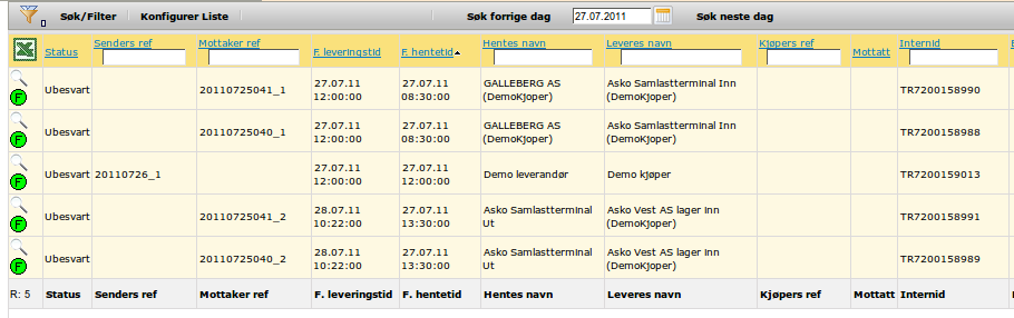 Fra listen kan detaljene i oppdraget vises ved å trykke på forstørrelsesglasset i den aktuelle raden. Da vil Transport Detaljer siden komme opp med all informasjon som er registrert for oppdraget.