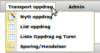 Menyvalgene i TakeCargo er delt inn i diverse funksjonalitetsgrupper. Transport oppdrag: behandling av oppdrag og turer, og sporing/hendelser.