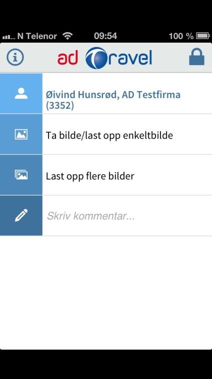 Mobil app - Bildet for innlogging Mobilappen krever at man er en gyldig bruker av AD Travel. Logg inn med ditt brukernavn, passord og firmakode som du bruker for registreringer i AD Travel.