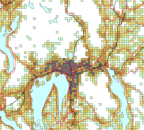 Boligbestand Antall boliger per 1x1 km-rute Region Oslo