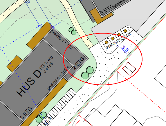 11 Ved Hus A og Hus D er det lagt opp til vendehammer som kan benyttes av personbiler. Dette vil redusere behovet for rygging langs gang- og sykkelveg og arealer som er tiltenkt for myke trafikanter.