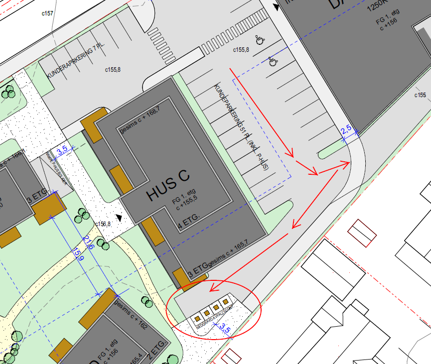 14 6.7 Renovasjon Avfallscontainere er tenkt plassert bak hus C. Plasseringen av avfallscontainere medfører at renovasjonsbiler må rygge foran utkjøring til parkeringsareal under hus C.