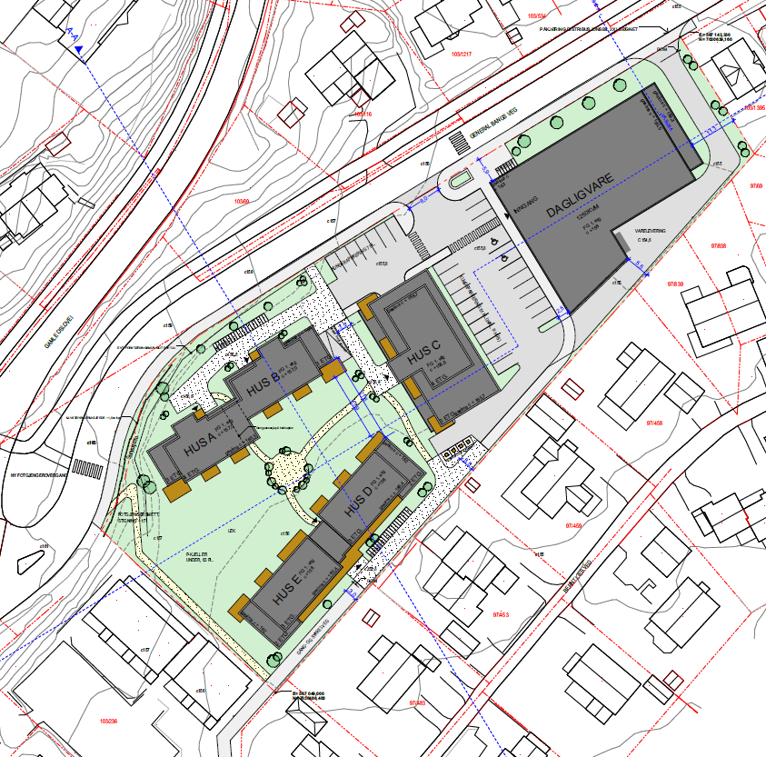 5 6 Framtidig situasjon På planområdet skal det etableres et bygg for forretning (dagligvare) og 5 boligblokker med til sammen 49 leiligheter.