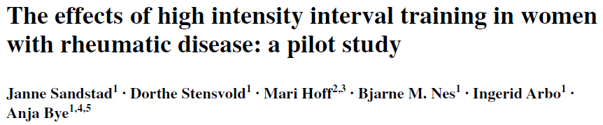 Cross-over study of 18 women with RA and adult-jia 10 weeks of High Intensity Interval Training (HIIT) (85-95% of HRmax), 2 pr week on spinning bikes Conclusion: