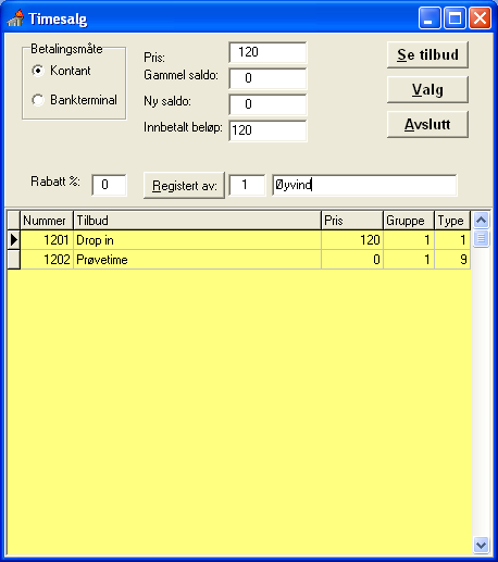 Registrer så betalingsmåte, og tast inn innbetalt beløp i cellen. Dette bekrefter du med knappen Valg. Gis kunden en prøvetime registreres dato for denne på Kundekortet.