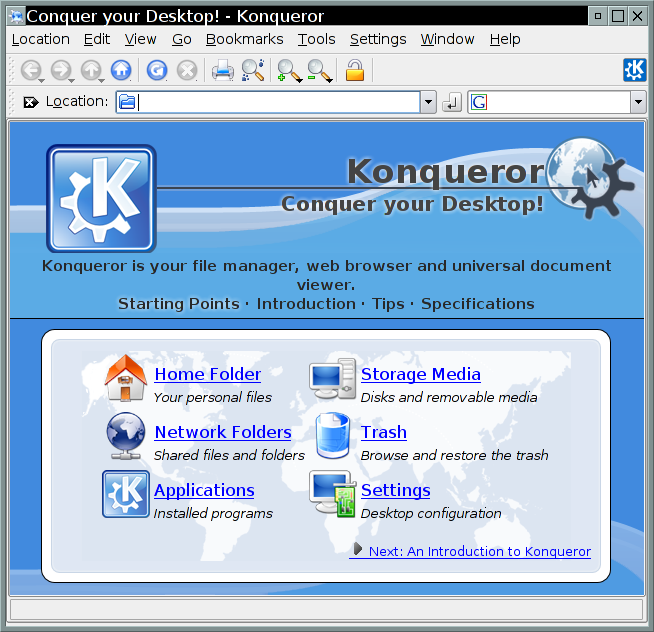 Programmer for web og e-post side 7 av 15 1.1.7 Konqueror Konqueror er mer enn bare en web-browser. Programmet kan brukes også for som filbehandler, på samme måte som internet explorer.
