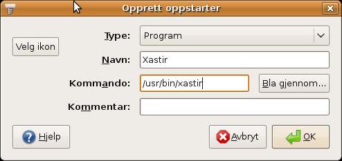 Feltene som må fylles ut er Navn: og Kommando: Når det er gjort er det bare å klikke ok. Sånn,... da var iallefall programmet på plass.