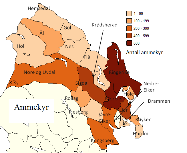 -1-0 1-199 200-299 300-399 400-599 600 Mangler data Antall kyr Kyr -1 0-499 500-999 1000-2999 3000-4999 5000 Mangler data Antall sauer