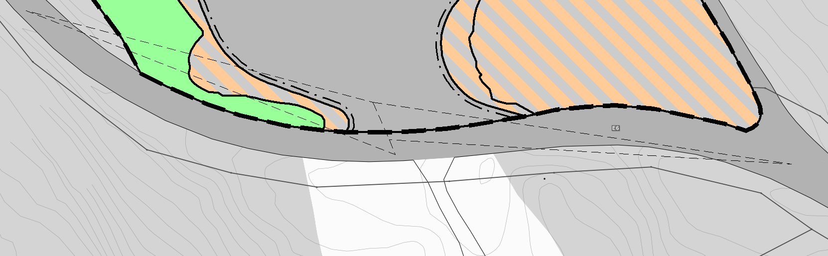 Figur 22: De stiplede linjene viser en skisse av de fullstendige sikttrianglene konstruert i samsvar med kravene i V121 Geometrisk utforming av veg og gatekryss. 5.6.4.