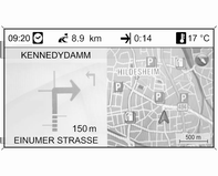 152 Infotainmentsystem Hvis alternativet Kjørebaneassistent er aktivert i Visning målguiding-menyen (se kapittelet "Veivisning" 3 172), vises følgende illustrasjonstyper: Informasjon på kartdisplayet