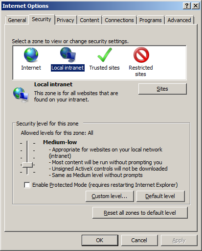 I tillegg må Protected mode være slått av for webserveren og siten skal ligge i Local intranet sonen.