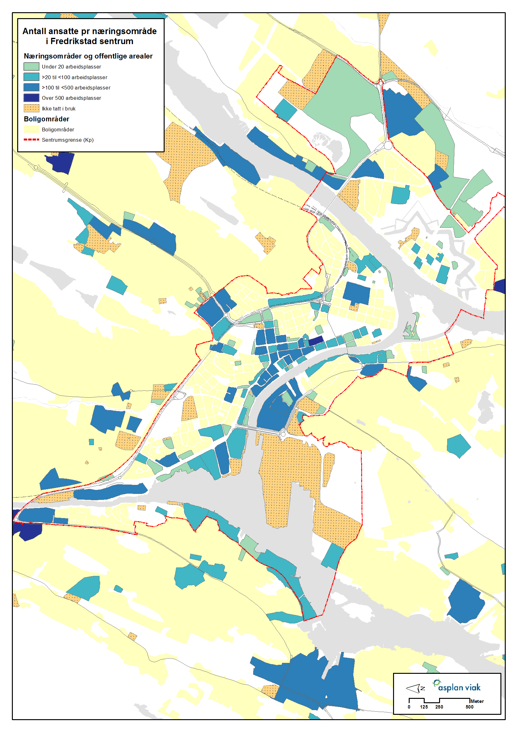 Nærings- og lokaliseringsanalyse for Nedre Glommaregionen 33 Figur 5-6. Antall ansatte pr næringsområde i Fredrikstad sentrum. For mer detaljert kart henvises til vedlagt kartmateriale i A1-format.