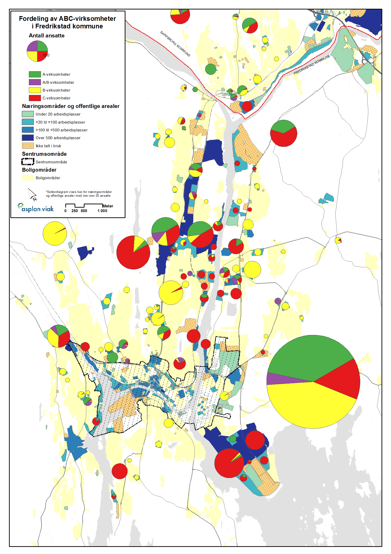 Nærings- og lokaliseringsanalyse for Nedre Glommaregionen 34 Figur 5-7. Oversikt over antall ansatte i hhv A. B. og C-virksomheter pr næringsareal i Fredrikstad tettstedsområde.