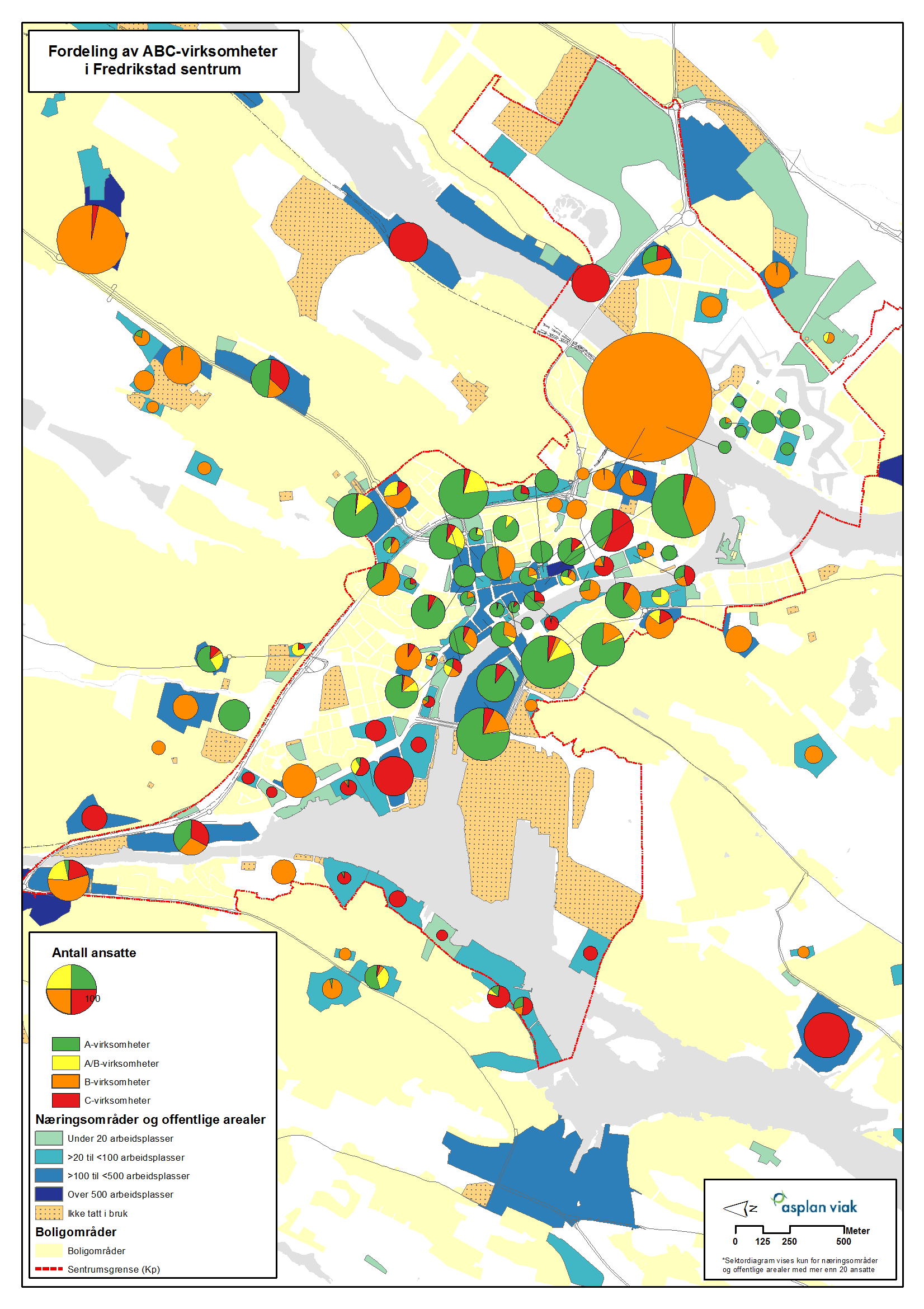 Nærings- og lokaliseringsanalyse for Nedre Glommaregionen 35 Figur 5-8. Oversikt over antall ansatte i hhv A. B. og C-virksomheter pr næringsareal i Fredrikstad sentrum.