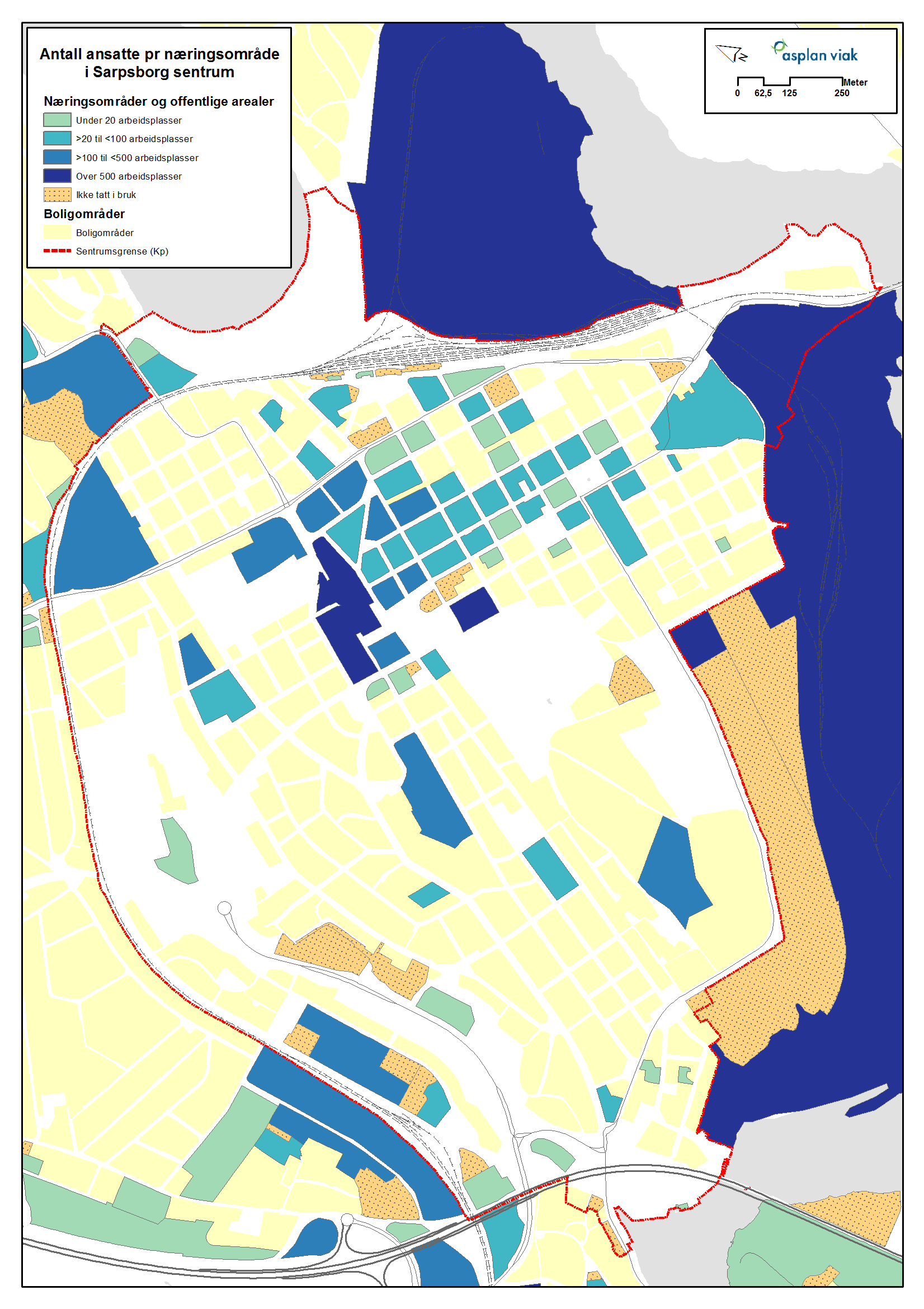 Nærings- og lokaliseringsanalyse for Nedre Glommaregionen 37 Figur 5-10. Antall ansatte pr næringsområde i Sarpsborg sentrum. For mer detaljert kart henvises til vedlagt kartmateriale i A1-format.